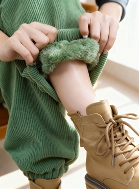 绿色加绒加厚灯芯绒裤子今年流行爆款羊羔毛束脚卫裤冬季保暖棉裤
