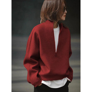 红色半拉链高领卫衣女款2026秋新款加绒加厚慵懒风高级感圣诞上衣