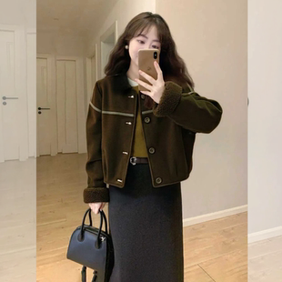 时尚百搭冬季复古风羊羔毛外套女短款加绒小个子初冬皮毛一体夹克