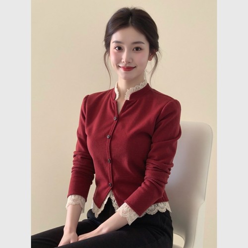 【赠送运费险】蕾丝边丝绒上衣女