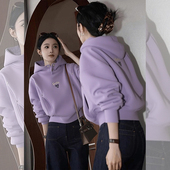 小个子别致绝美上衣美式 冬季 新款 慵懒风chi多巴胺紫色连帽卫衣女