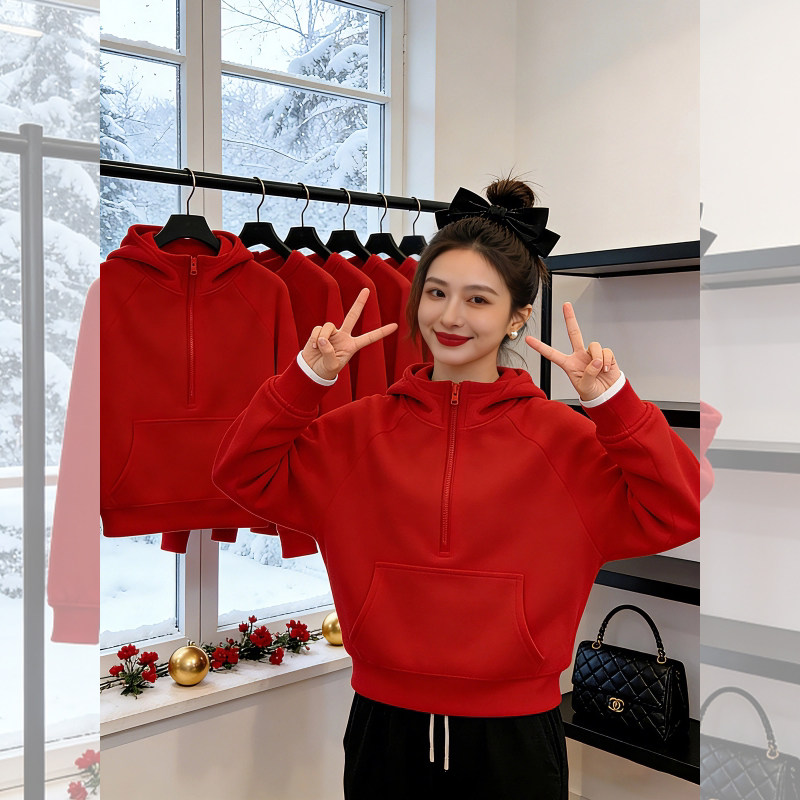 红色新年连帽卫衣女装2026冬季新款今年流行爆款洋气显瘦加厚上衣,女装/女士精品,卫衣/绒衫,淘宝优惠券,粉丝福利购,淘宝优惠卷