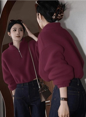 慵懒风紫色半拉链羊羔毛卫衣女2026秋冬新款松弛感宽松百搭短上衣