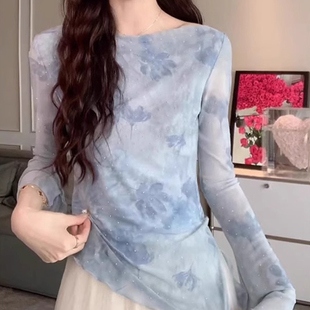 夏季别致甜辣妹薄款网纱防晒罩衫女设计感不规则喇叭长袖t恤上衣