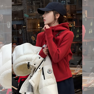安可拉红连帽卫衣开衫女装2026秋冬款高级感外套小个子立领上衣
