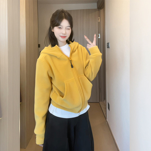 国潮牌高级感奥粒绒黄色连帽长袖 卫衣女秋冬学院风宽松甜妹上衣潮