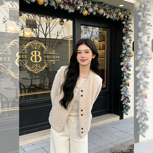 复古羊羔毛绒马甲女初冬2026新款巨好看的设计感叠穿保暖外套开衫