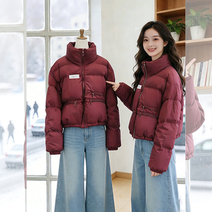 韩系绝美巨好看的小外套女2026冬季新款复古风格质感红色短款棉服