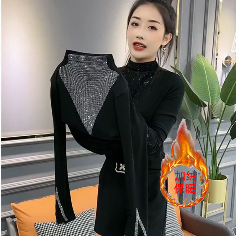 不加绒/加绒烫钻半高领打底衫女2025秋冬新款时尚显瘦修身百搭t恤