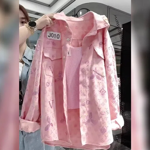 重工烫钻印花翻领衬衫外套女