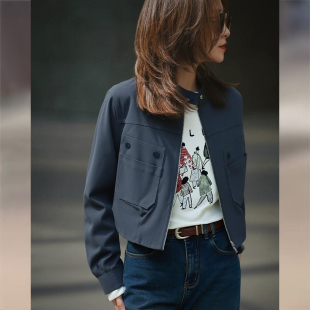 截短式 今年流行爆款 休闲夹克上衣 2025秋新款 小个子蓝色短外套女款