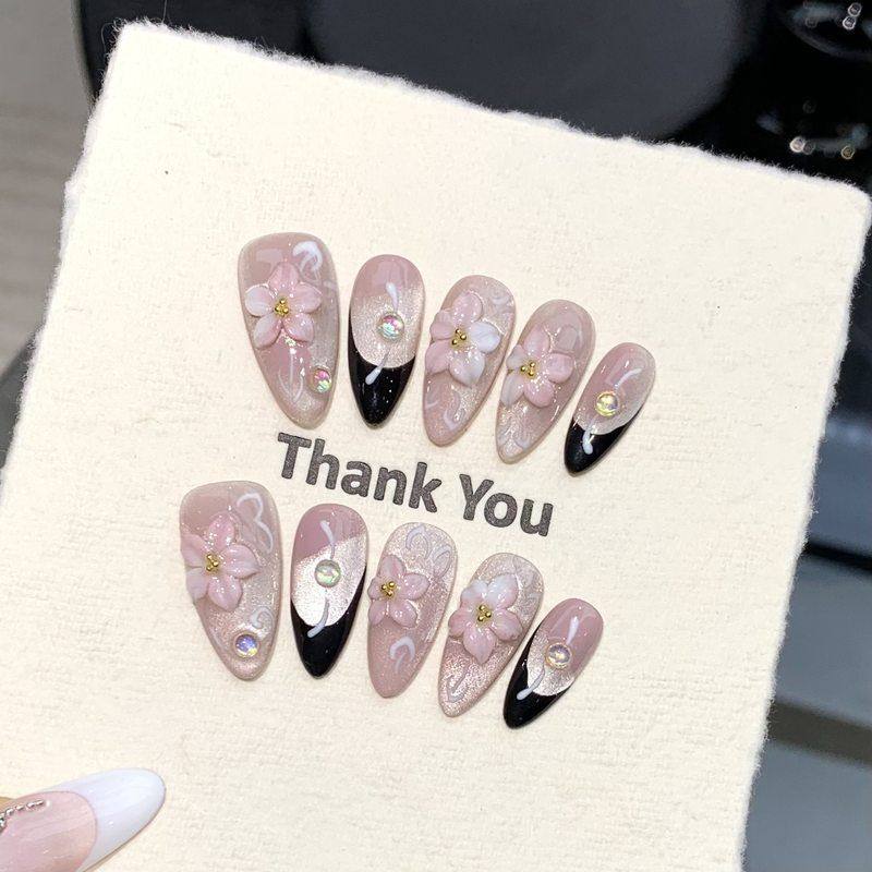 【桃花朵朵】粉色手工雕花穿戴甲简约精致猫眼法式杏仁批发成品,彩妆/香水/美妆工具,穿戴甲/甲片,淘宝优惠券,粉丝福利购,淘宝优惠卷