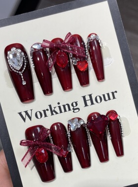 纯手工穿戴甲显白车厘子红猫眼红心皇后指甲高级红色显白美甲贴片