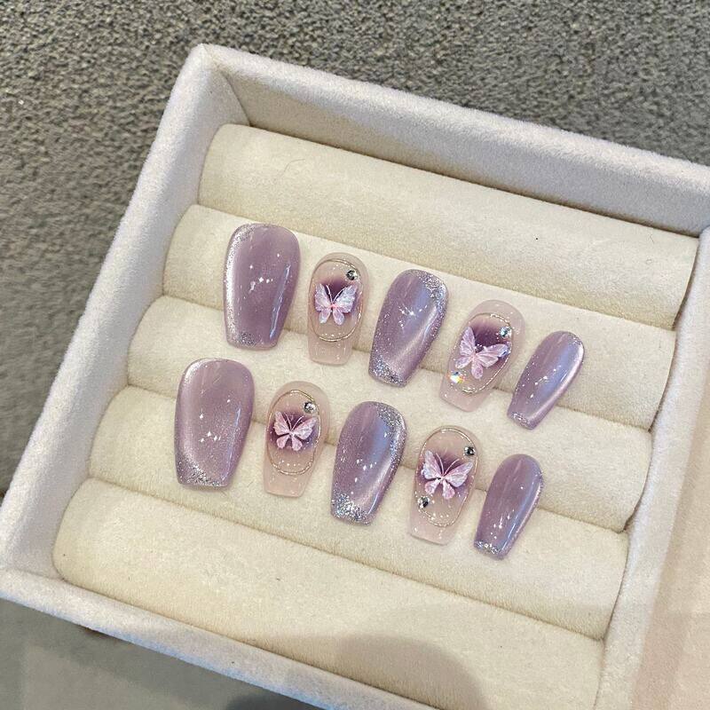 美妆 紫色鎏金猫眼蝴蝶手工穿戴甲 网红爆款美甲成品指甲贴片