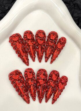 跨境爆钻系列满钻红色欧美爆闪显白外贸欧美风尖手工穿戴甲批发