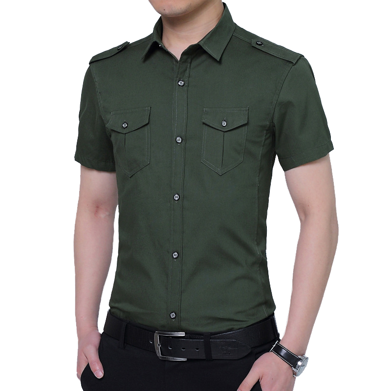 夏季新款短袖衬衫男士纯棉休闲薄纯色工装修身户外衬衣男制服大码