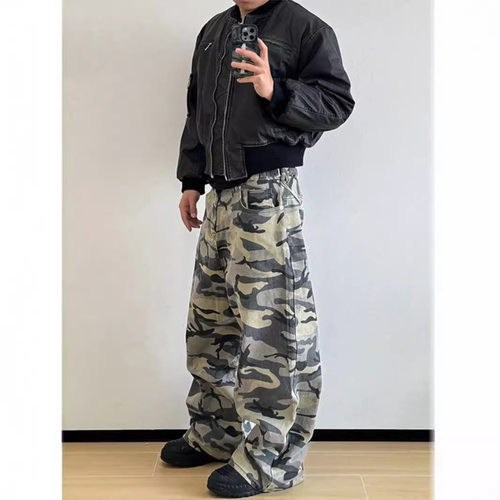美式伐木阔腿迷彩裤潮牌欧美街头oversize设计感废土风工装直筒裤