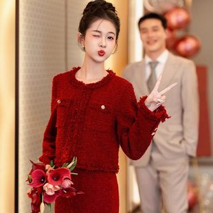 巴洛克舞会红色小香风套装 圆领粗花呢新娘结婚订婚敬酒服礼服 长袖