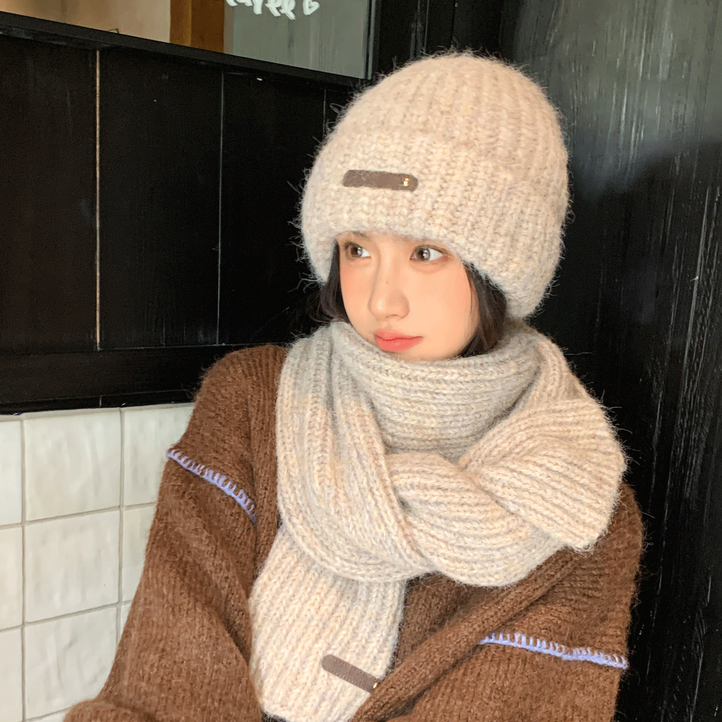 帽子女堆堆帽秋冬针织毛线帽日系防寒大头围冬天保暖仿羊绒围巾潮