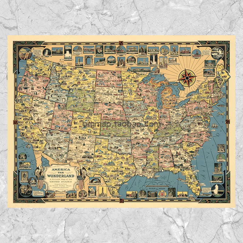 美国奇境插画艺术地图 大尺寸巨幅复古建筑客厅书房布装饰画芯心图片