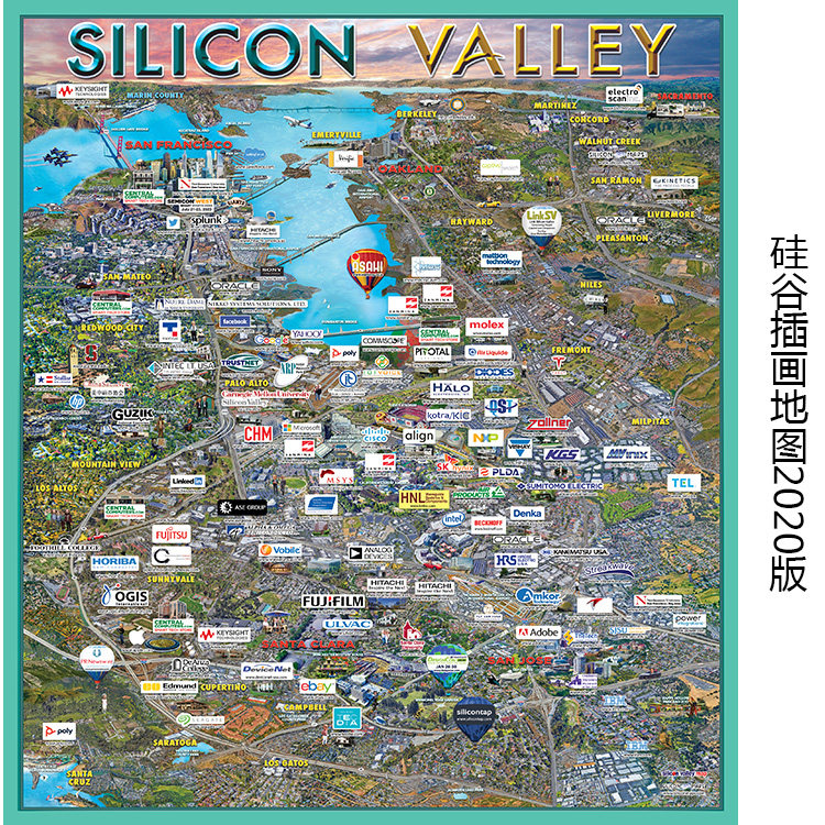 siliconvalley硅谷插画地图2020版 科技海报公司办公室书房装饰画