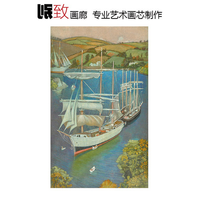 福伊河口的双桅帆船风景水彩画