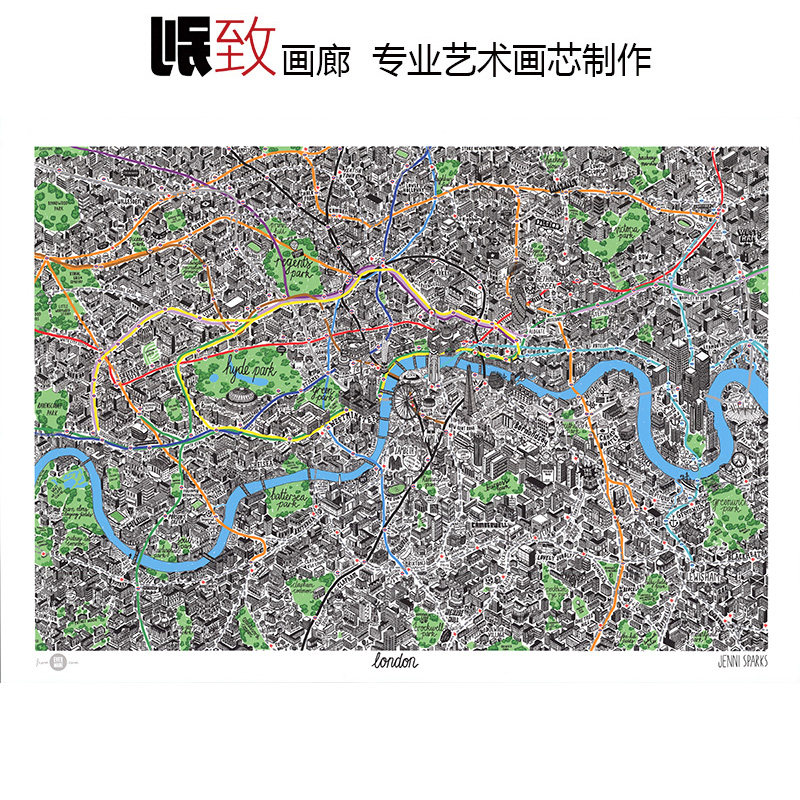 伦敦文化风情手绘地图装饰画芯