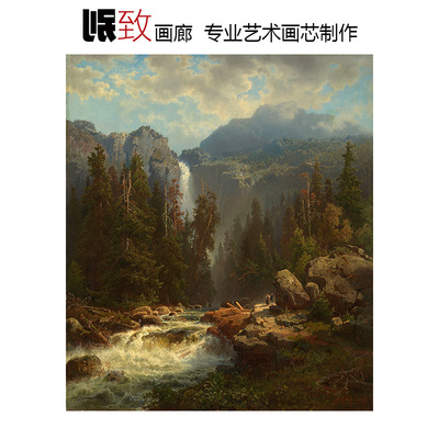 挪威瀑布景观烂漫主义风景油画