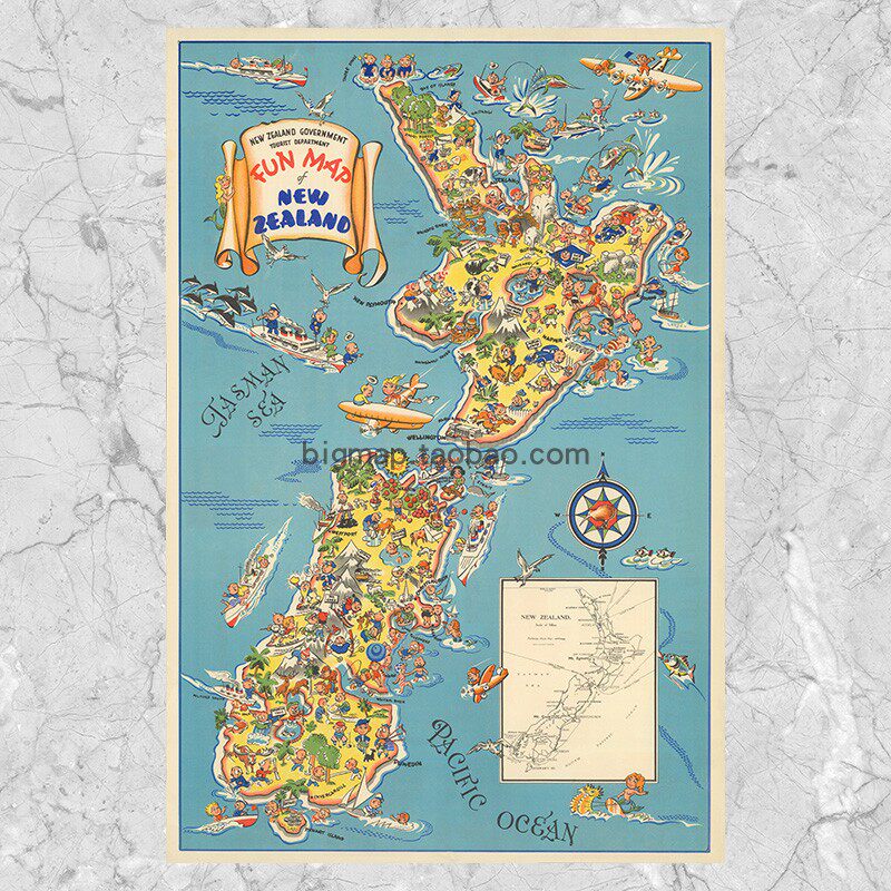新西兰卡通插画地图复古艺术 客厅书房儿童房学校装饰壁挂画芯心