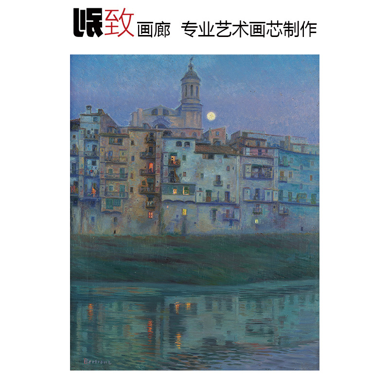 赫罗纳河月夜西班牙风景油画