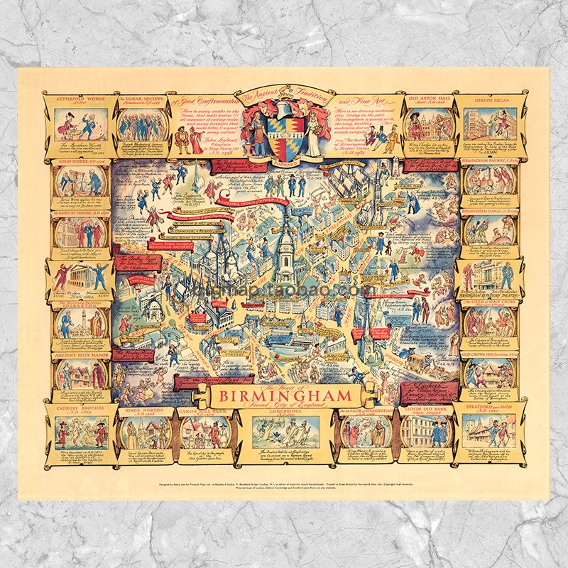 英国伯明翰城市中心插画地图画芯