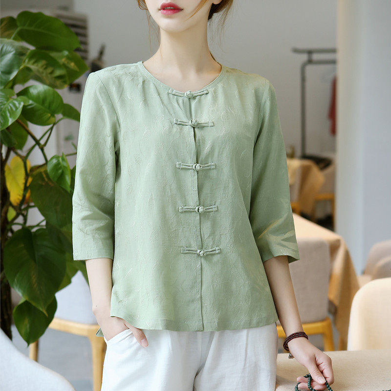 唐装上衣女春夏丝麻宽松圆领茶艺服装女盘扣禅意中式佛系衣服女