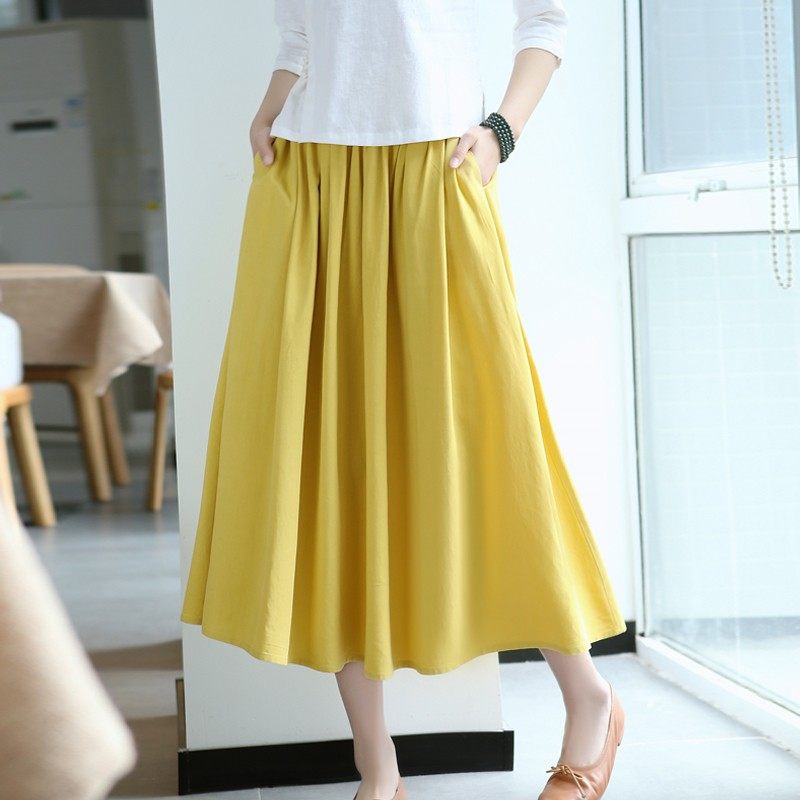 棉麻半身裙女秋2021年新款亚麻大摆裙松紧腰垂感飘逸棉麻半裙长裙