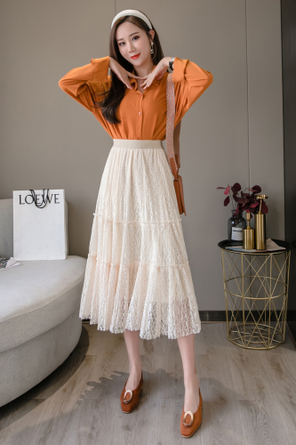 Super fairy skirt women's new style in spring and summer medium length high waist thin character large lace skirt