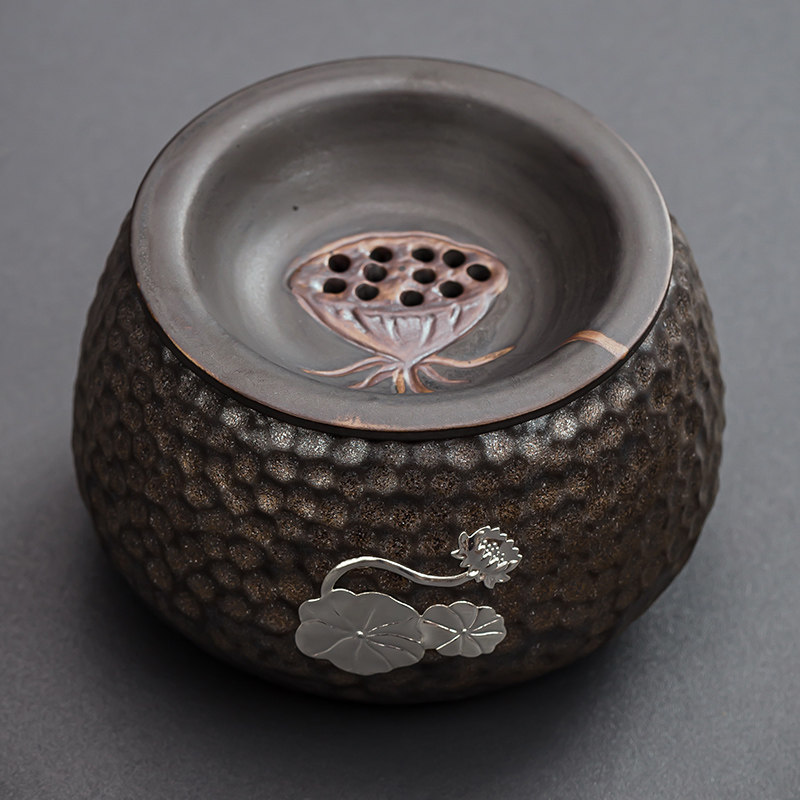 复古鎏金莲蓬建水 中式小茶渣缸窑变锤纹铁锈釉废茶水桶陶瓷茶具