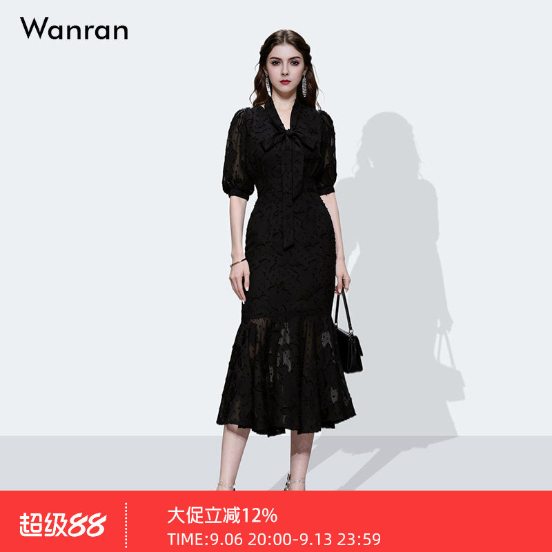 2026夏季新时尚名媛V领收腰提花雪纺中长鱼尾黑色连衣裙