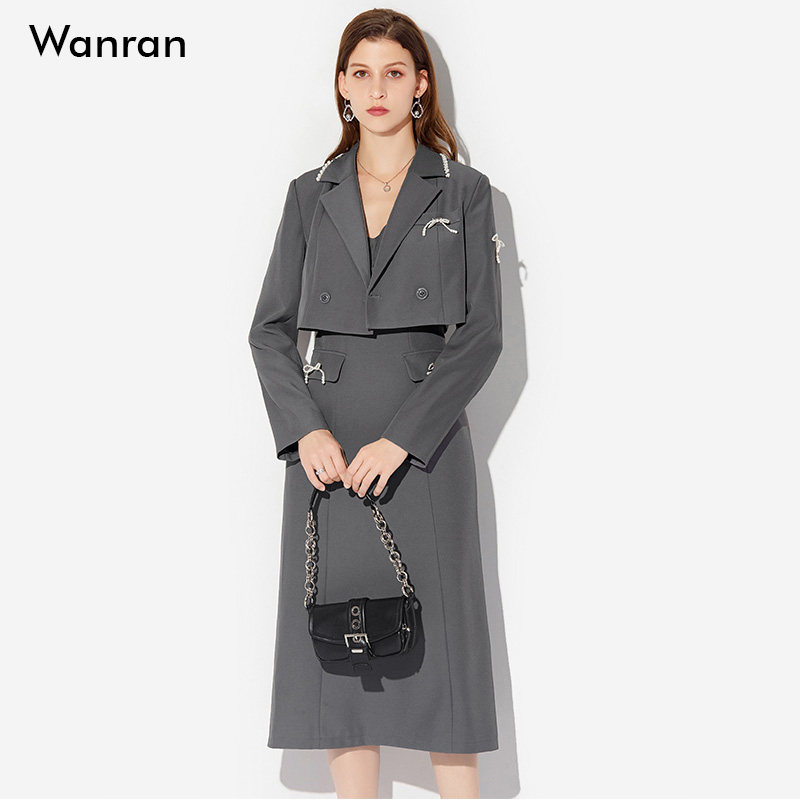 2026春季新款女装气质高腰短西装外套女+吊带连衣裙女时尚套装