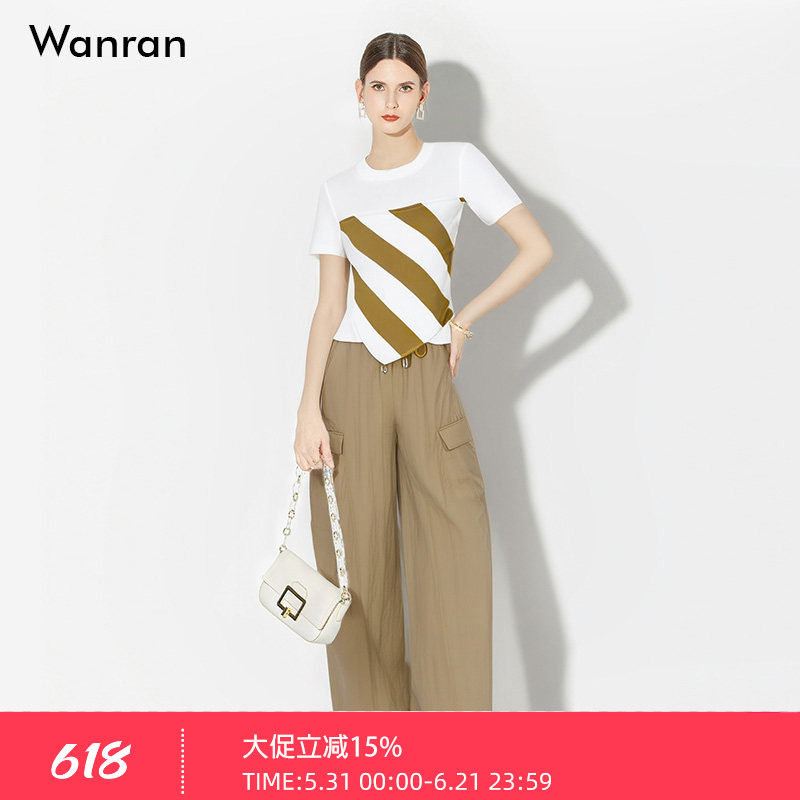 2026夏季新款时尚潮流圆领丝巾拼接T恤+高腰弯刀裤工装风长裤套装