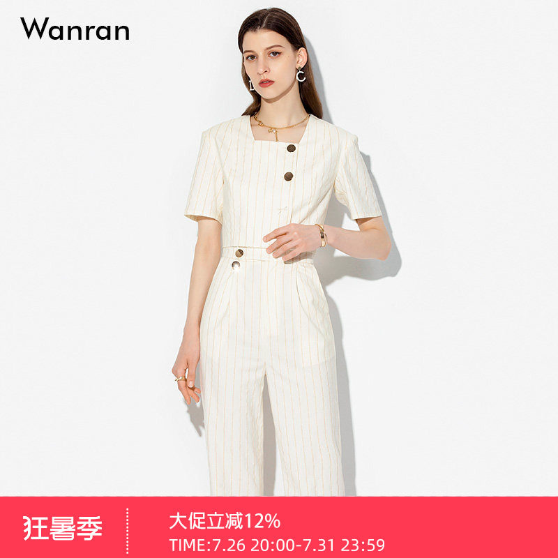 复古方领条纹短款高腰开衩西装