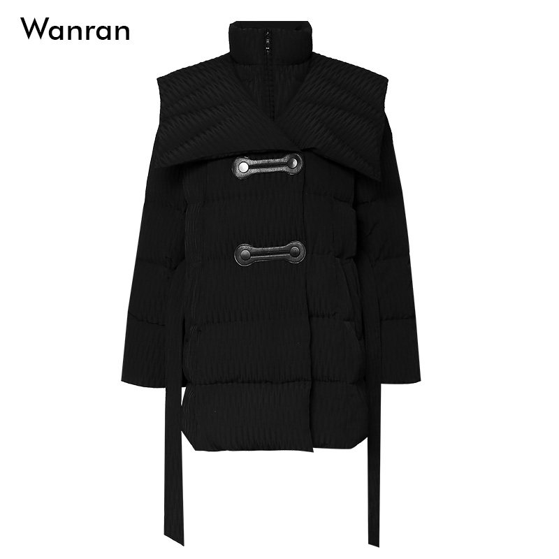 2025冬季新款女装时尚黑色翻领收腰中长款羽绒服白鸭绒面包服外套