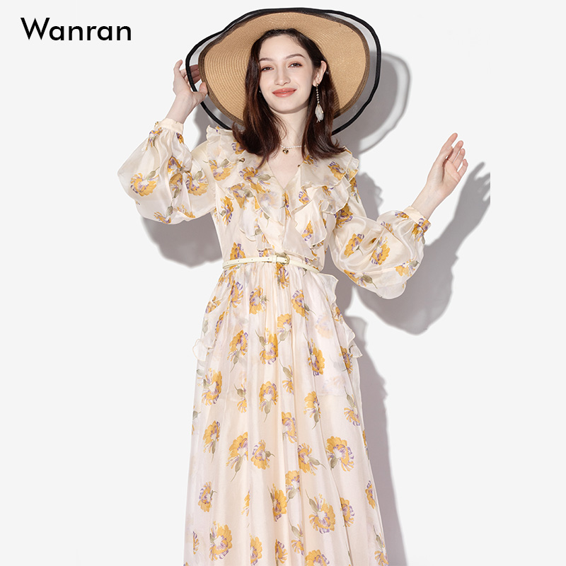 莞然花朵印花长款连衣裙