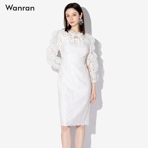 2026春季新款优雅淑女精致复古蕾丝修身连衣裙荷叶仙女中长连衣裙