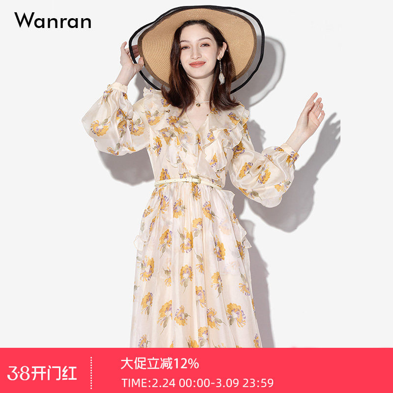 春装女装2026新款法式复古灯笼长袖花朵印花长款连衣裙长裙裙子女