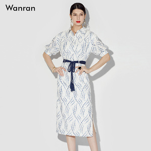 夏季女装2026新款气质印花刺绣灯笼袖收腰显瘦衬衫连衣裙长裙裙子