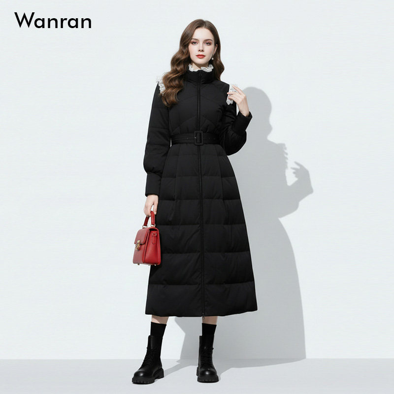 2025冬季新款都市通勤飞肩撞色花边灯笼袖腰带收腰A字长款羽绒服