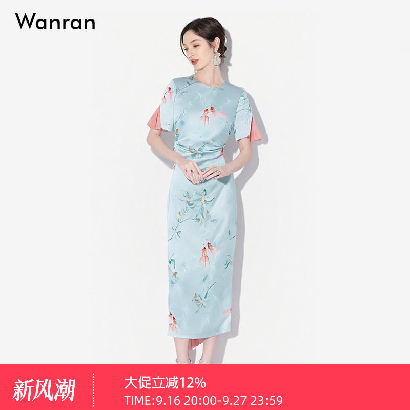2026夏季新款新中式国风提花印花拼接欧根纱修身铅笔型连衣裙