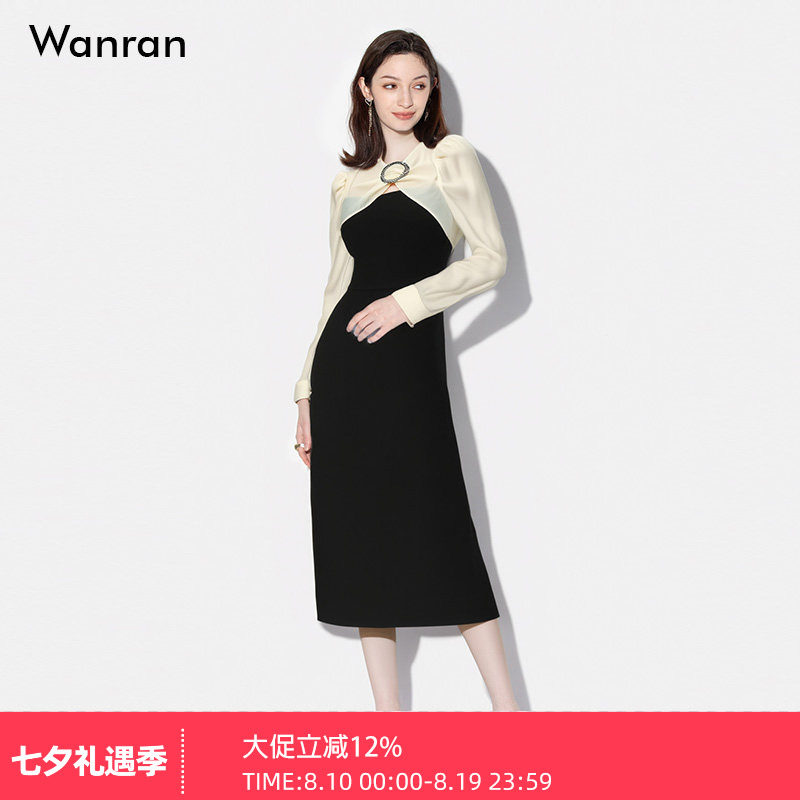春装2026新款女装气质撞色泡泡袖长裙收腰显瘦连衣裙小黑裙女