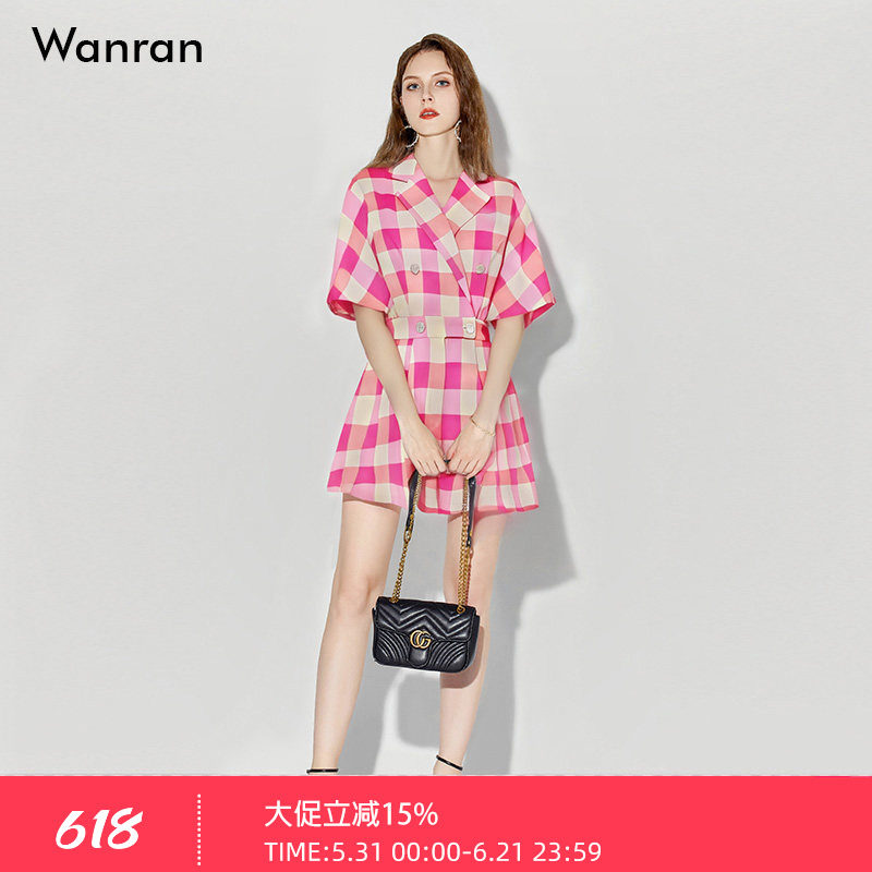 2026夏季新款时尚气质翻领连肩袖收腰修身格纹连体裤短裤裤子