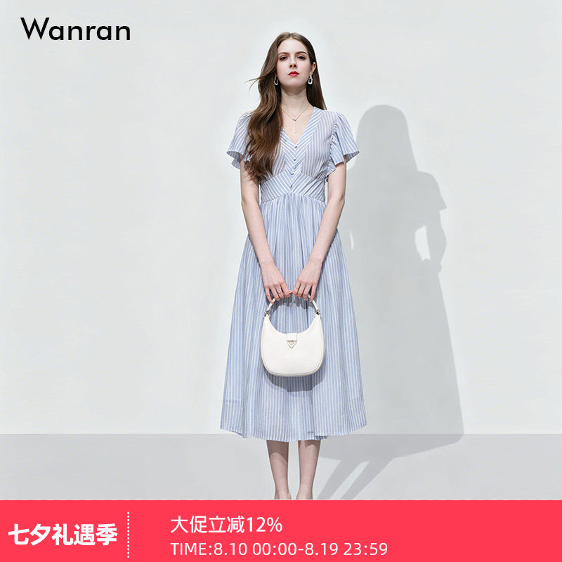 2026夏季新款时尚复古赫本风收腰大摆荷叶袖中长蓝色条纹连衣裙