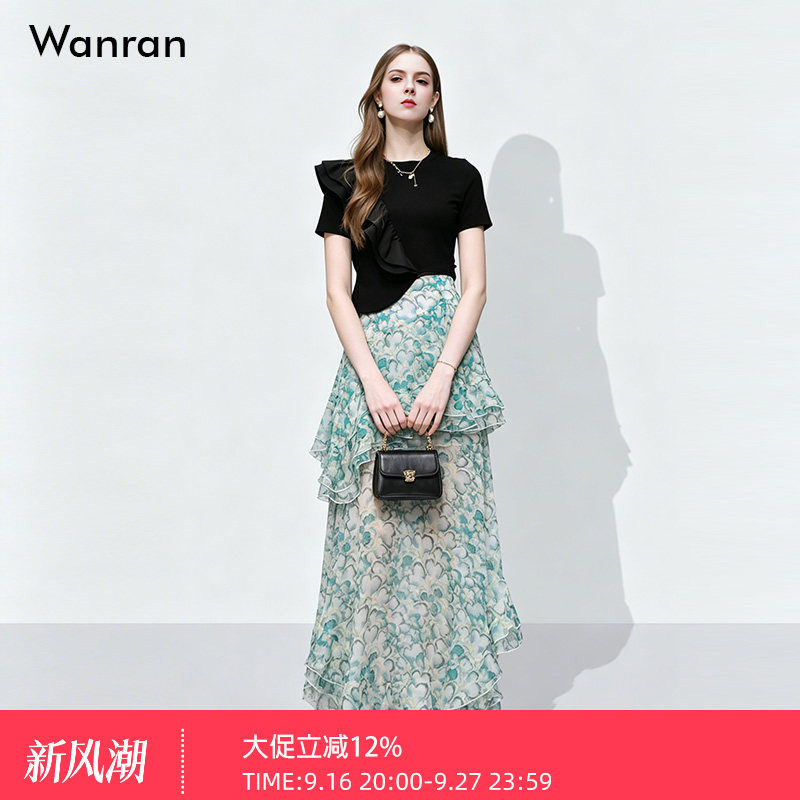 2026夏季新款时尚设计感不对称荷叶边T恤+超仙印花半裙长裙套装女